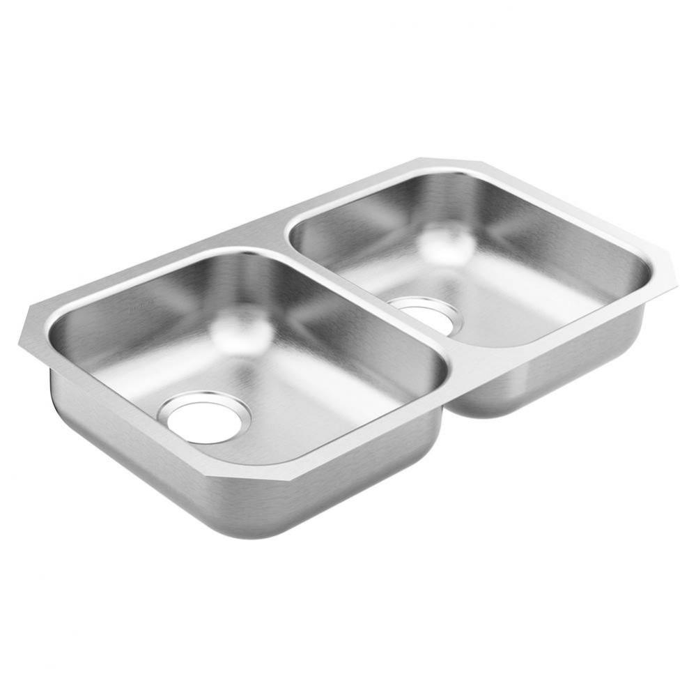 1800 Series 31.75-inch 18 Gauge Undermount Double Bowl Stainless Steel Kitchen Sink, Rear Drain