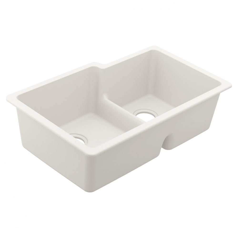 33-Inch Wide x 9.5-Inch Deep Low-Divide Undermount Granite Double Bowl Kitchen Sink, White