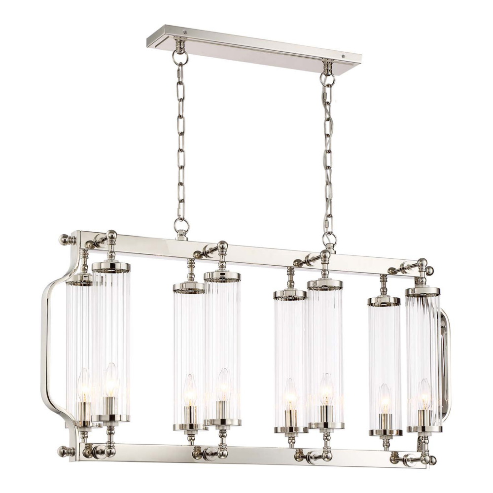 8-Light 40&#34; Linear Polished Nickel Fluted Glass Chandelier