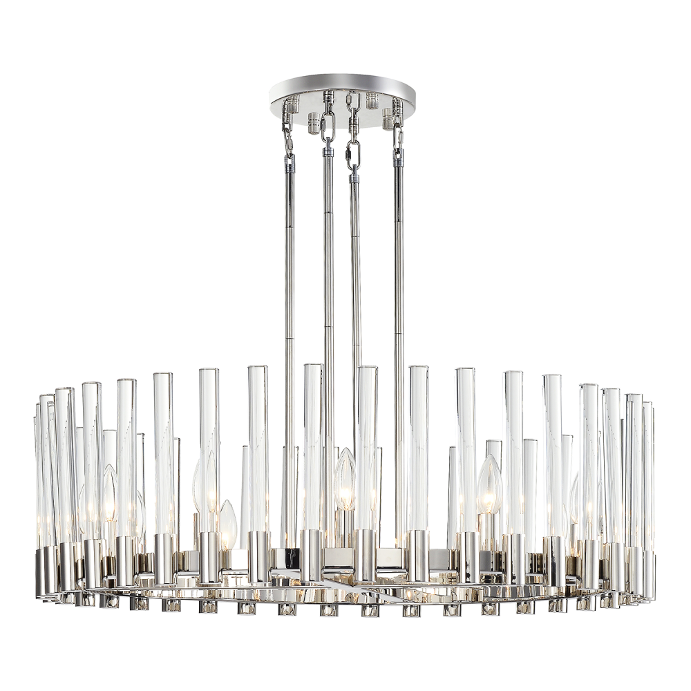 12-Light 32&#34; Round Polished Nickel Wheel Styled Glass Chandelier