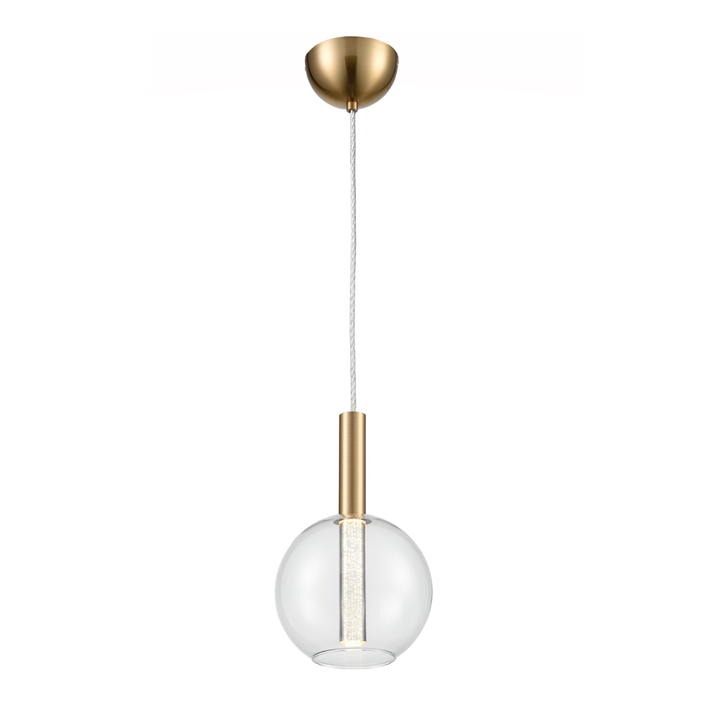 LED 7&#34; Clear Globe Glass Seeded Acrylic, Golden Brass Mini Pendant