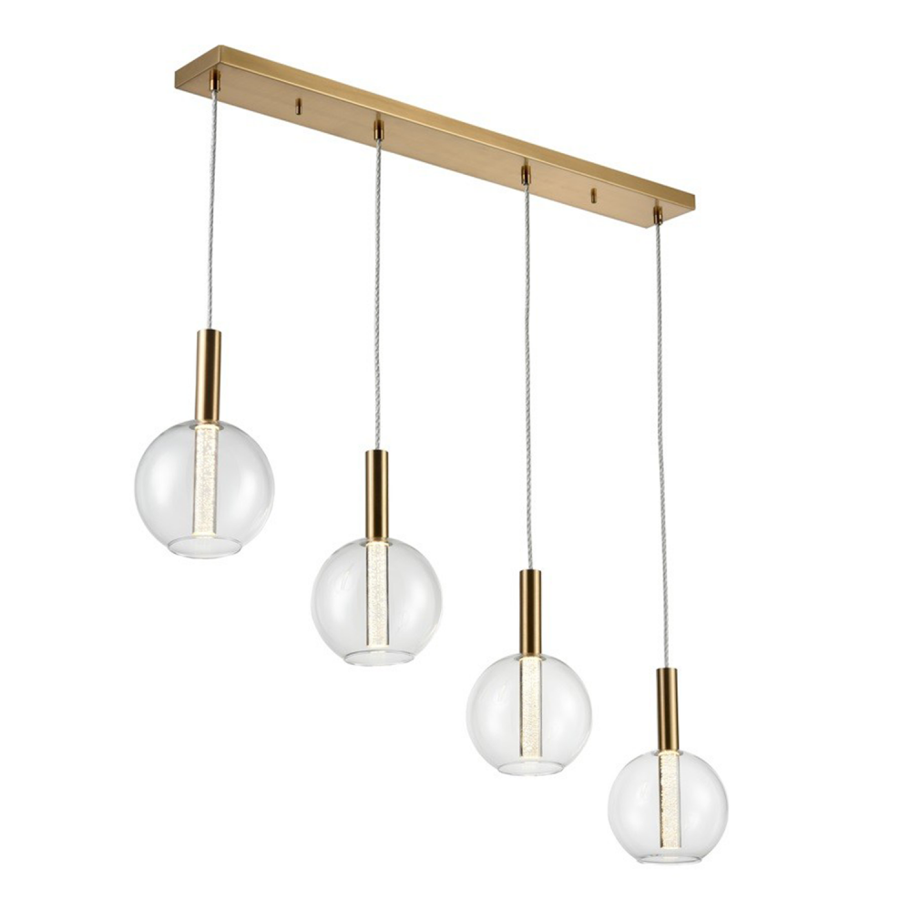 4-Light LED 40&#34; Clear Globe Glass Seeded Acrylic Golden Brass Multi Pendant