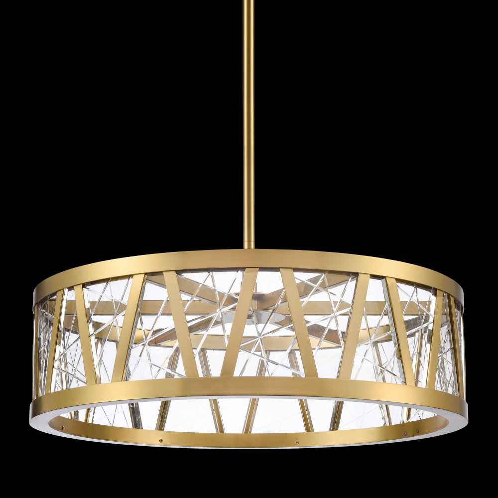 LED 3CCT 30&#34; Thick Engraved Crystals Aged Brass Drum Pendant Light
