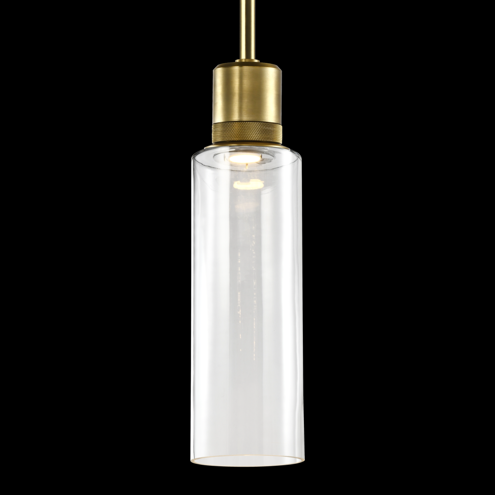 6&#34; LED 3CCT Cylindrical Drum Pendant Light, 18&#34; Clear Glass and Aged Brass Metal Finish