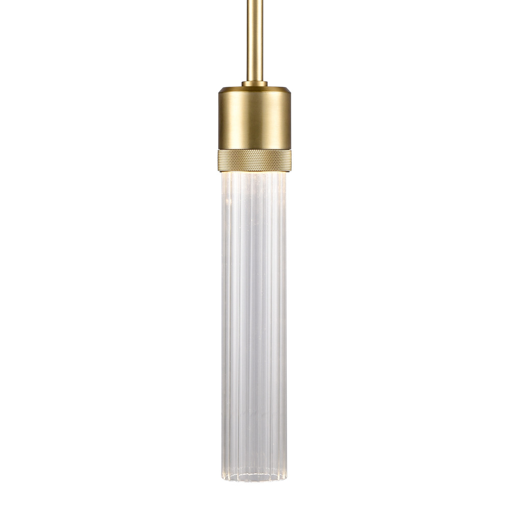 3&#34; LED 3CCT Vertical Cylindrical Pendant Light, 12&#34; Fluted Glass and Aged Brass Finish