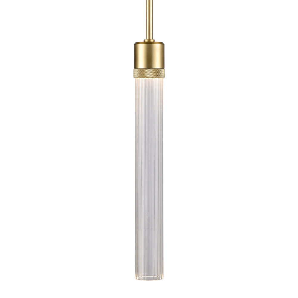 3&#34; LED 3CCT Vertical Cylindrical Pendant Light, 18&#34; Fluted Glass and Aged Brass Finish