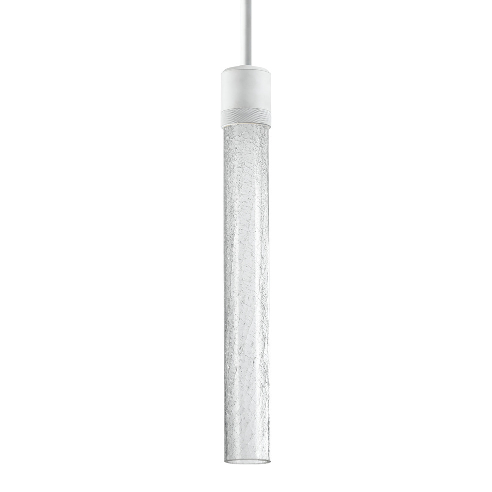 3&#34; LED 3CCT Vertical Cylindrical Pendant Light, 18&#34; Crackled Glass and Matte White Finish