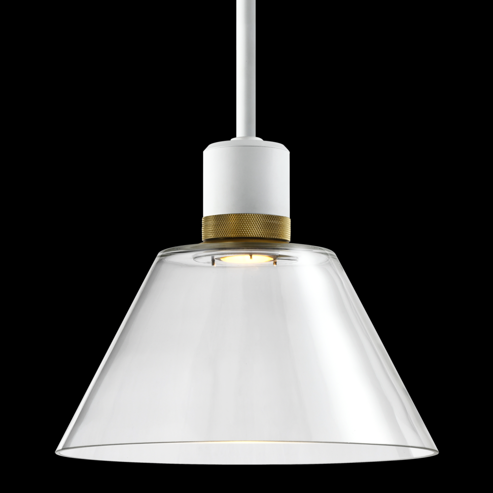 12&#34; LED 3CCT Clear Cone Glass Pendant Light and Matte White with Brass Metal Finish