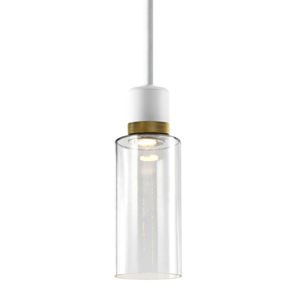 6&#34; LED 3CCT Cylindrical Drum Pendant Light, 12&#34; Clear Glass and Matte White with Brass Metal