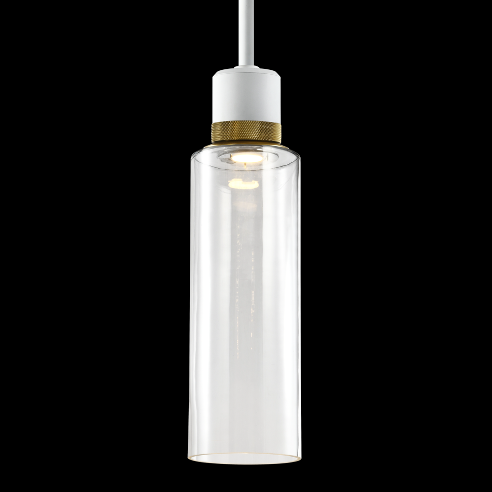 6&#34; LED 3CCT Cylindrical Drum Pendant Light, 18&#34; Clear Glass and Matte White with Brass Metal