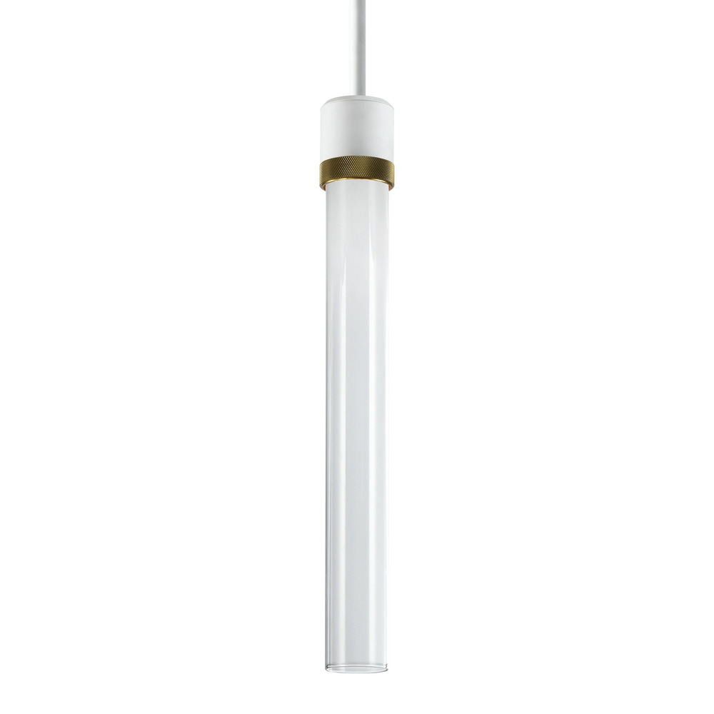 3&#34; LED 3CCT Cylindrical Pendant Light, 18&#34; Clear Glass and Matte White with Aged Brass Finis