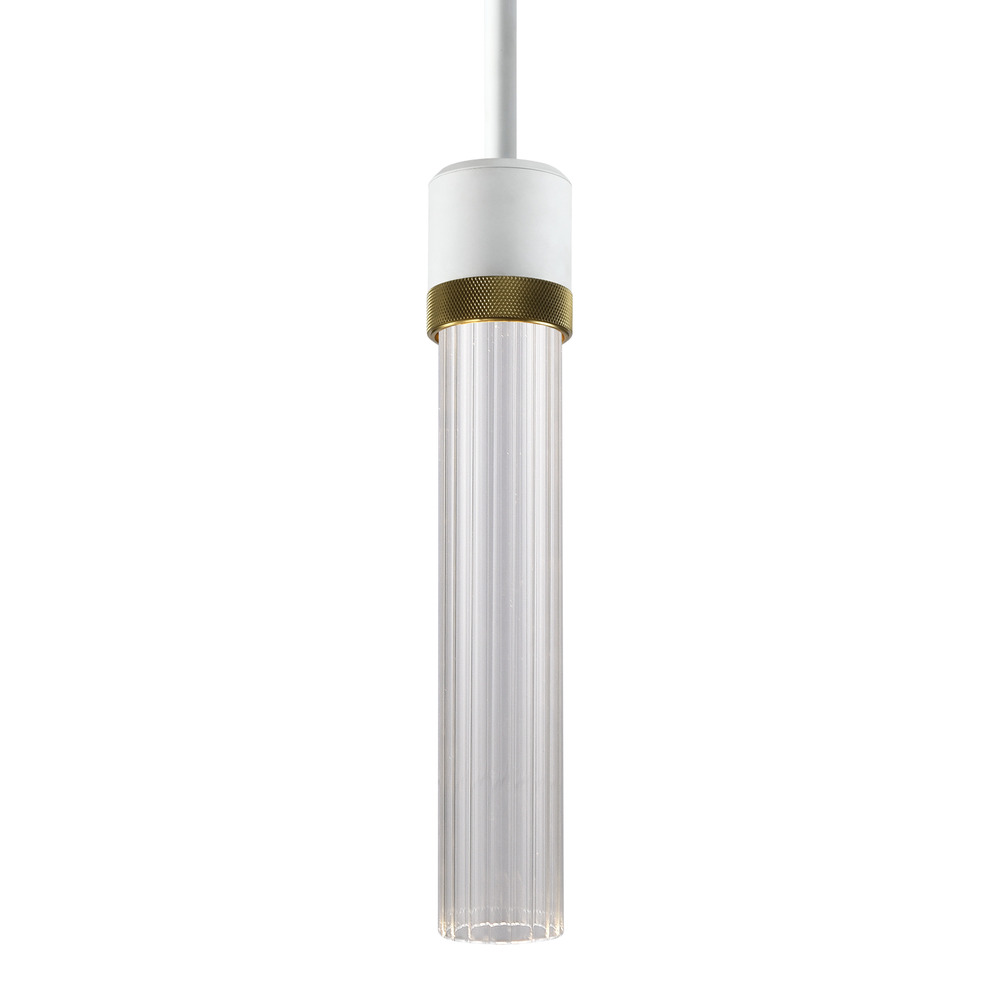 3&#34; LED 3CCT Cylindrical Pendant Light, 12&#34; Fluted Glass and Matte White with Aged Brass Fini