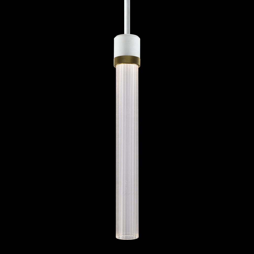3&#34; LED 3CCT Cylindrical Pendant Light, 18&#34; Fluted Glass and Matte White with Aged Brass Fini
