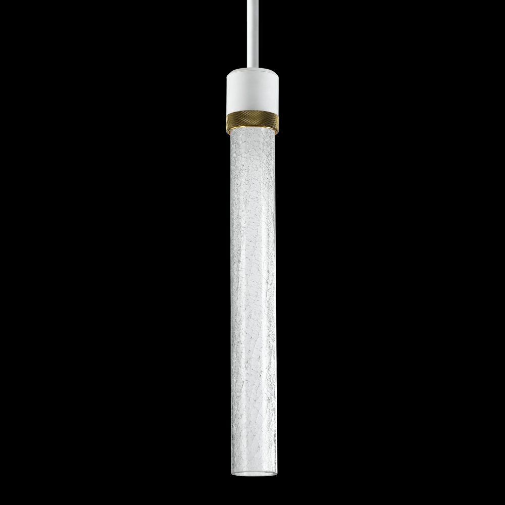 3&#34; LED 3CCT Cylindrical Pendant Light, 18&#34; Crackled Glass and Matte White with Aged Brass Fi