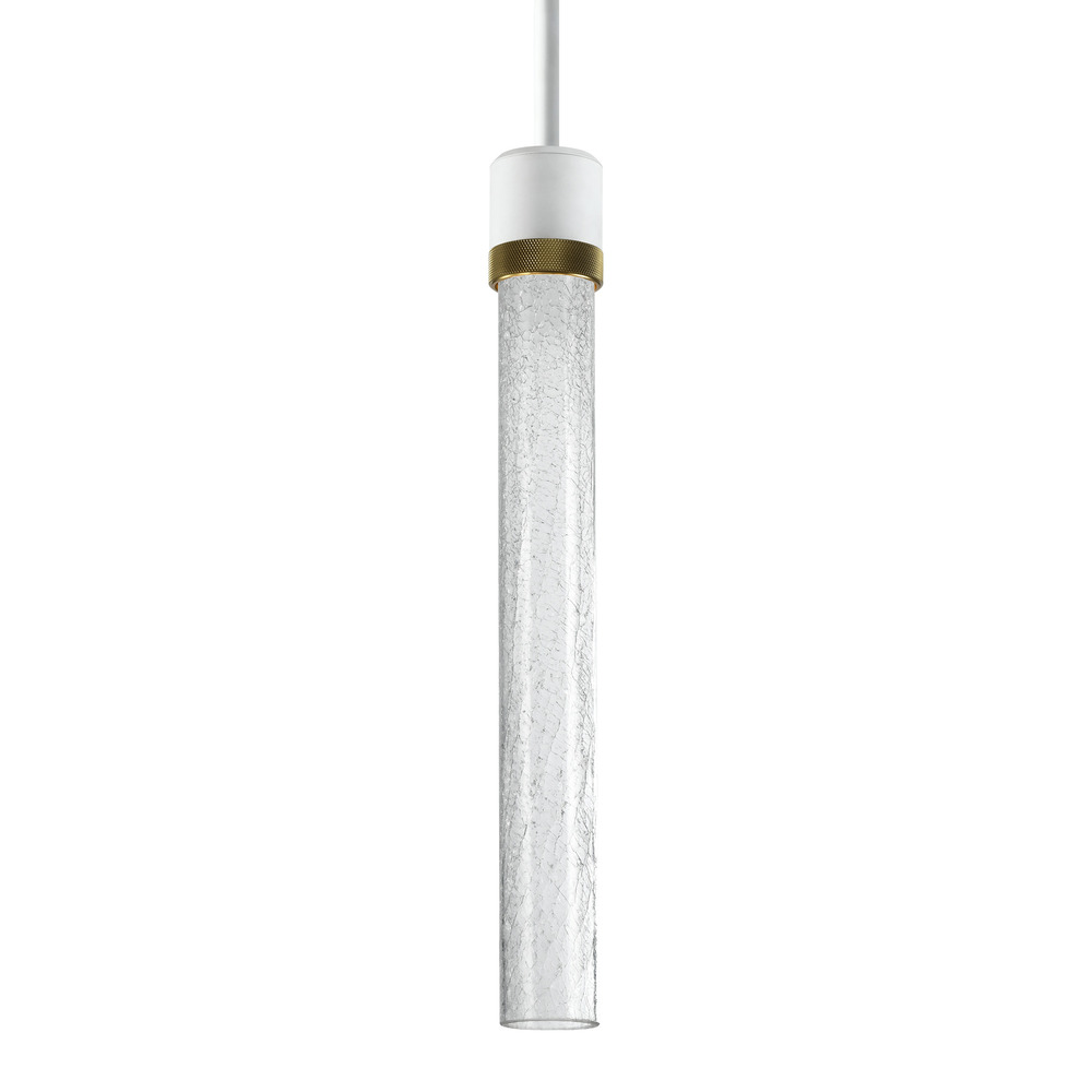 3&#34; LED 3CCT Cylindrical Pendant Light, 18&#34; Crackled Glass and Matte White with Aged Brass Fi