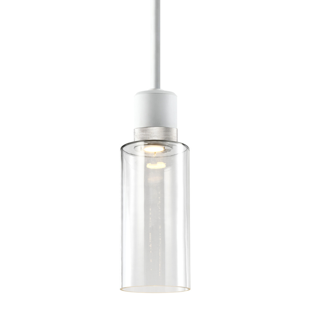 6&#34; LED 3CCT Cylindrical Drum Pendant Light, 12&#34; Clear Glass and Matte White with Nickel Meta