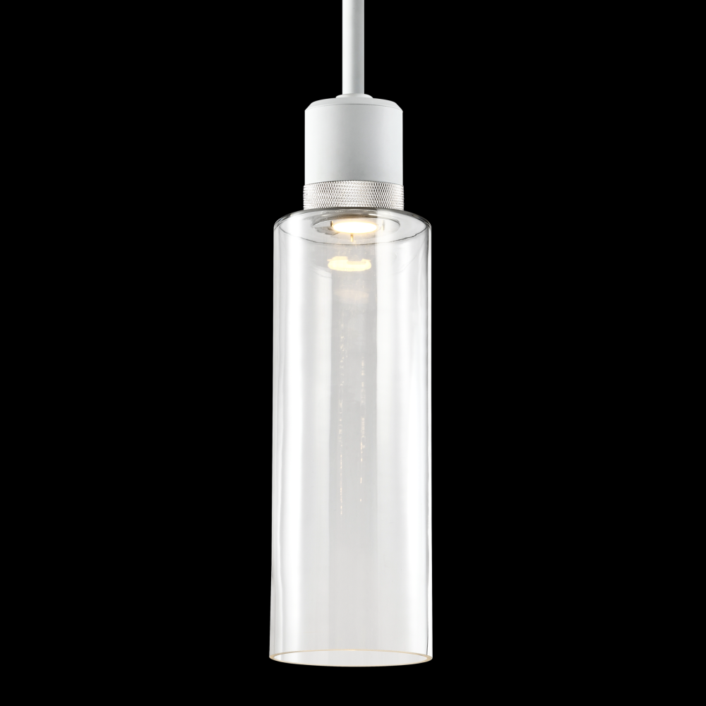 6&#34; LED 3CCT Cylindrical Drum Pendant Light, 18&#34; Clear Glass and Matte White with Nickel Meta