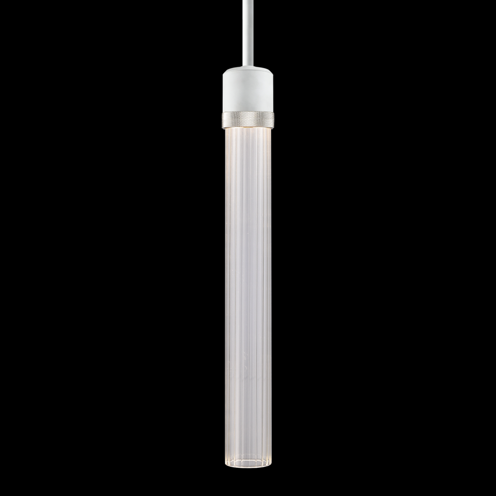 3&#34; LED 3CCT Cylindrical Pendant Light, 18&#34; Fluted Glass and Matte White with Nickel Finish