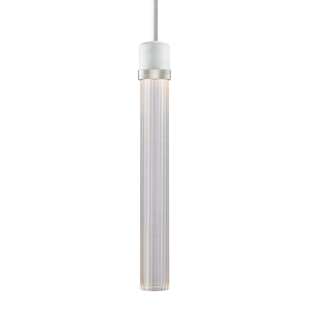 3&#34; LED 3CCT Cylindrical Pendant Light, 18&#34; Fluted Glass and Matte White with Nickel Finish