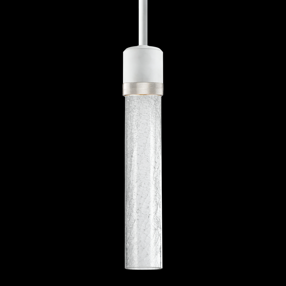 3&#34; LED 3CCT Cylindrical Pendant Light, 12&#34; Crackled Glass and Matte White with Nickel Finish