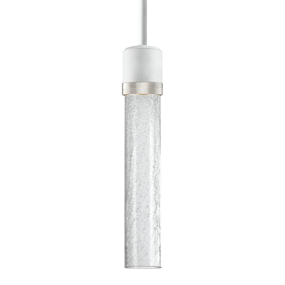 3&#34; LED 3CCT Cylindrical Pendant Light, 12&#34; Crackled Glass and Matte White with Nickel Finish