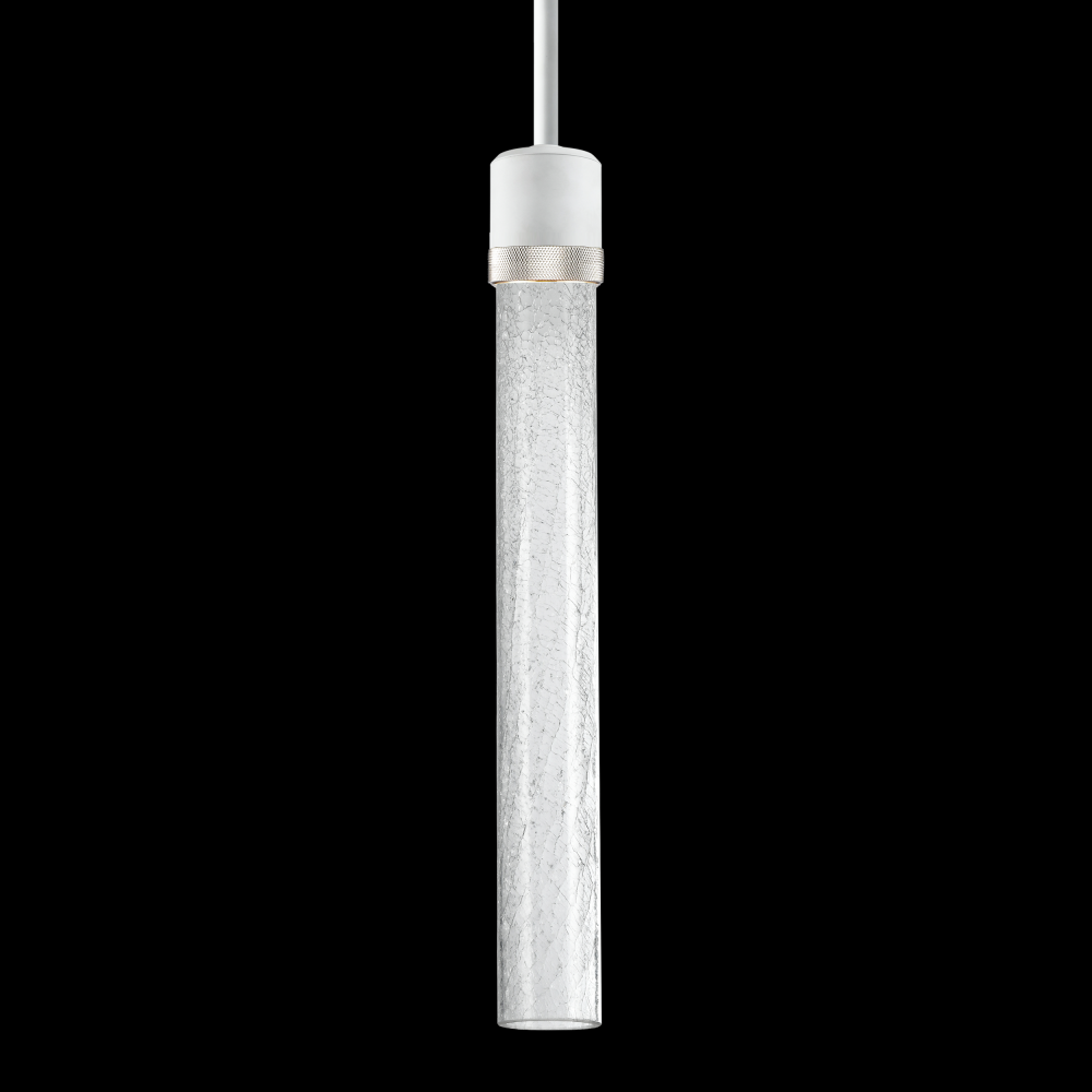 3&#34; LED 3CCT Cylindrical Pendant Light, 18&#34; Crackled Glass and Matte White with Nickel Finish
