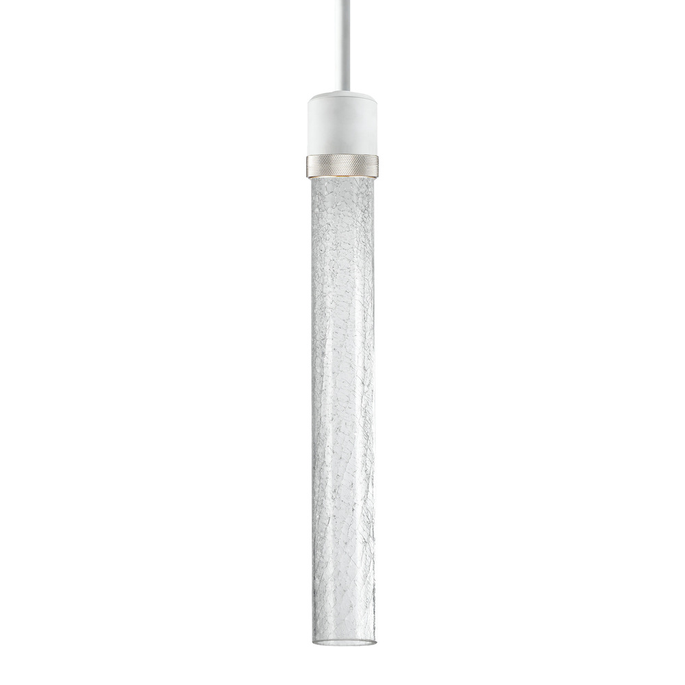 3&#34; LED 3CCT Cylindrical Pendant Light, 18&#34; Crackled Glass and Matte White with Nickel Finish