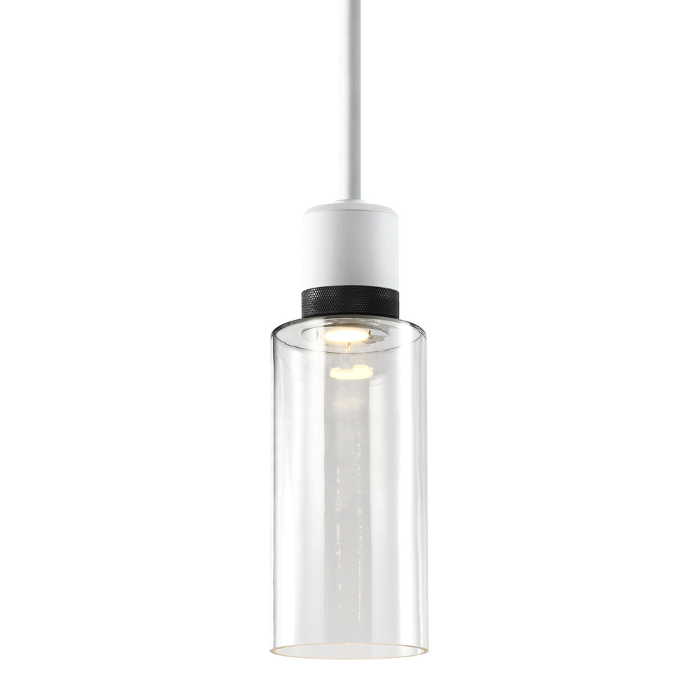 6&#34; LED 3CCT Cylindrical Drum Pendant Light, 12&#34; Clear Glass and Matte White with Black Metal