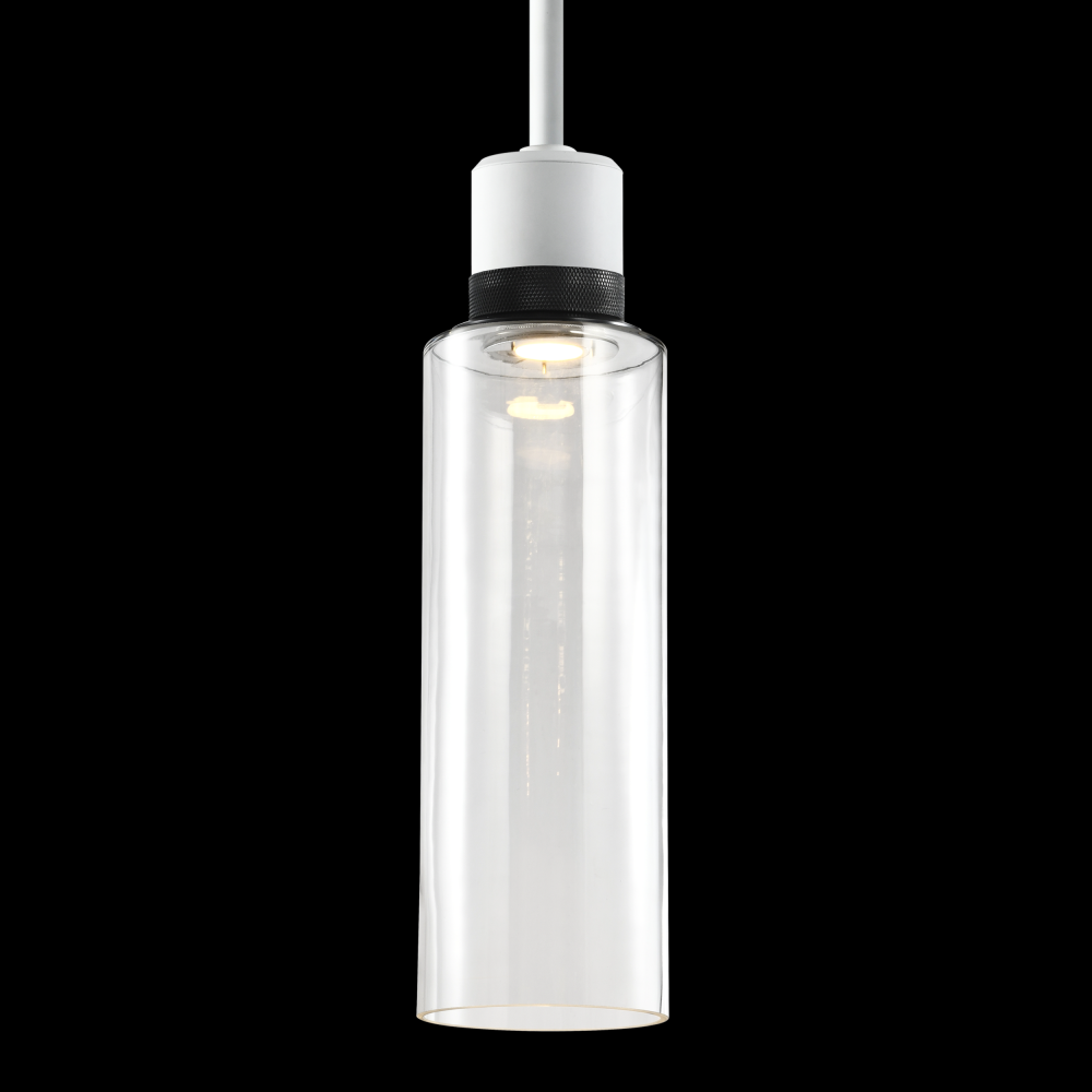 6&#34; LED 3CCT Cylindrical Drum Pendant Light, 18&#34; Clear Glass and Matte White with Black Metal