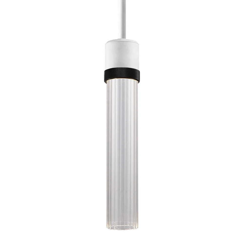 3&#34; LED 3CCT Cylindrical Pendant Light, 12&#34; Fluted Glass and Matte White with Black Finish