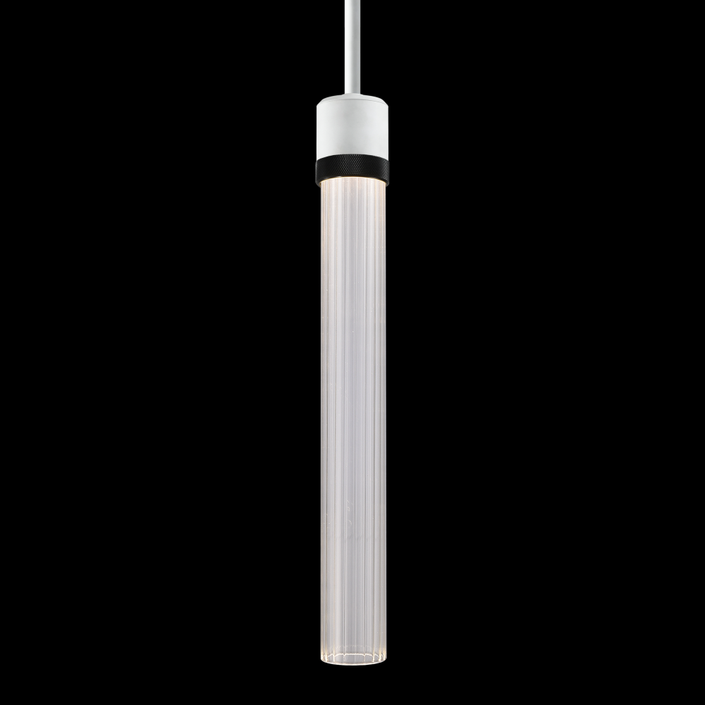 3&#34; LED 3CCT Cylindrical Pendant Light, 18&#34; Fluted Glass and Matte White with Black Finish