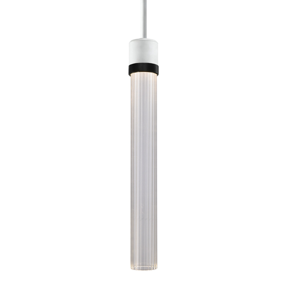 3&#34; LED 3CCT Cylindrical Pendant Light, 18&#34; Fluted Glass and Matte White with Black Finish