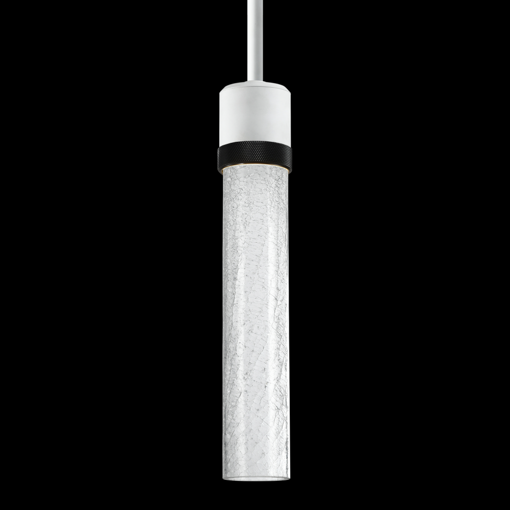 3&#34; LED 3CCT Cylindrical Pendant Light, 12&#34; Crackled Glass and Matte White with Black Finish