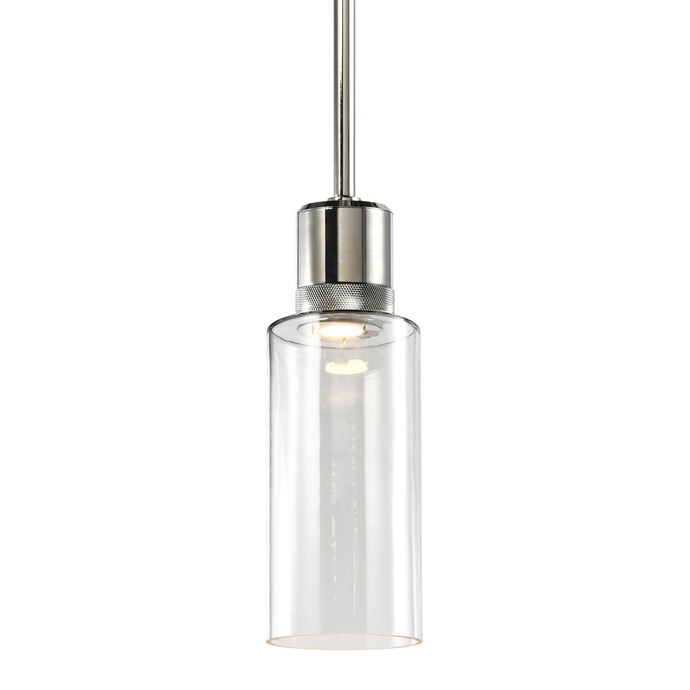 6&#34; LED 3CCT Cylindrical Drum Pendant Light, 12&#34; Clear Glass and Polished Nickel Metal Finish