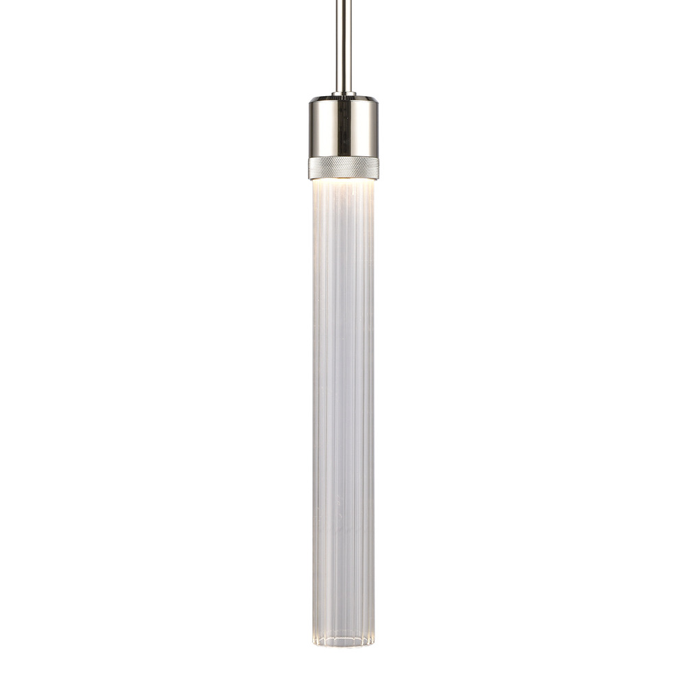 3&#34; LED 3CCT Cylindrical Pendant Light, 18&#34; Fluted Glass and Polished Nickel Finish