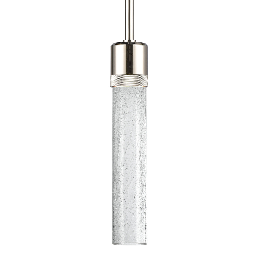 3&#34; LED 3CCT Cylindrical Pendant Light, 12&#34; Crackled Glass and Polished Nickel Finish