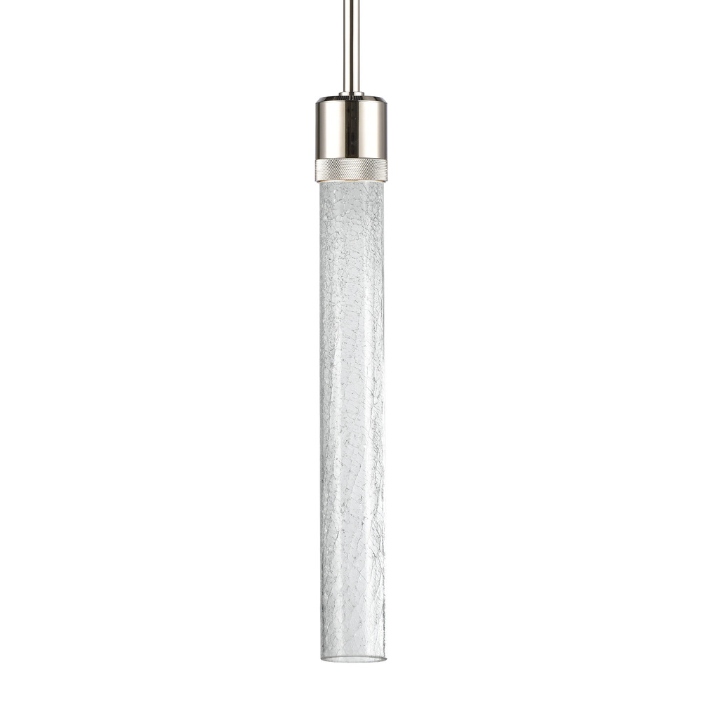 3&#34; LED 3CCT Cylindrical Pendant Light, 18&#34; Crackled Glass and Polished Nickel Finish