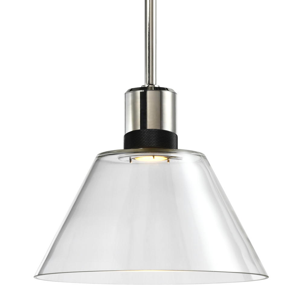 12&#34; LED 3CCT Clear Cone Glass Pendant Light and Polished Nickel with Black Metal Finish