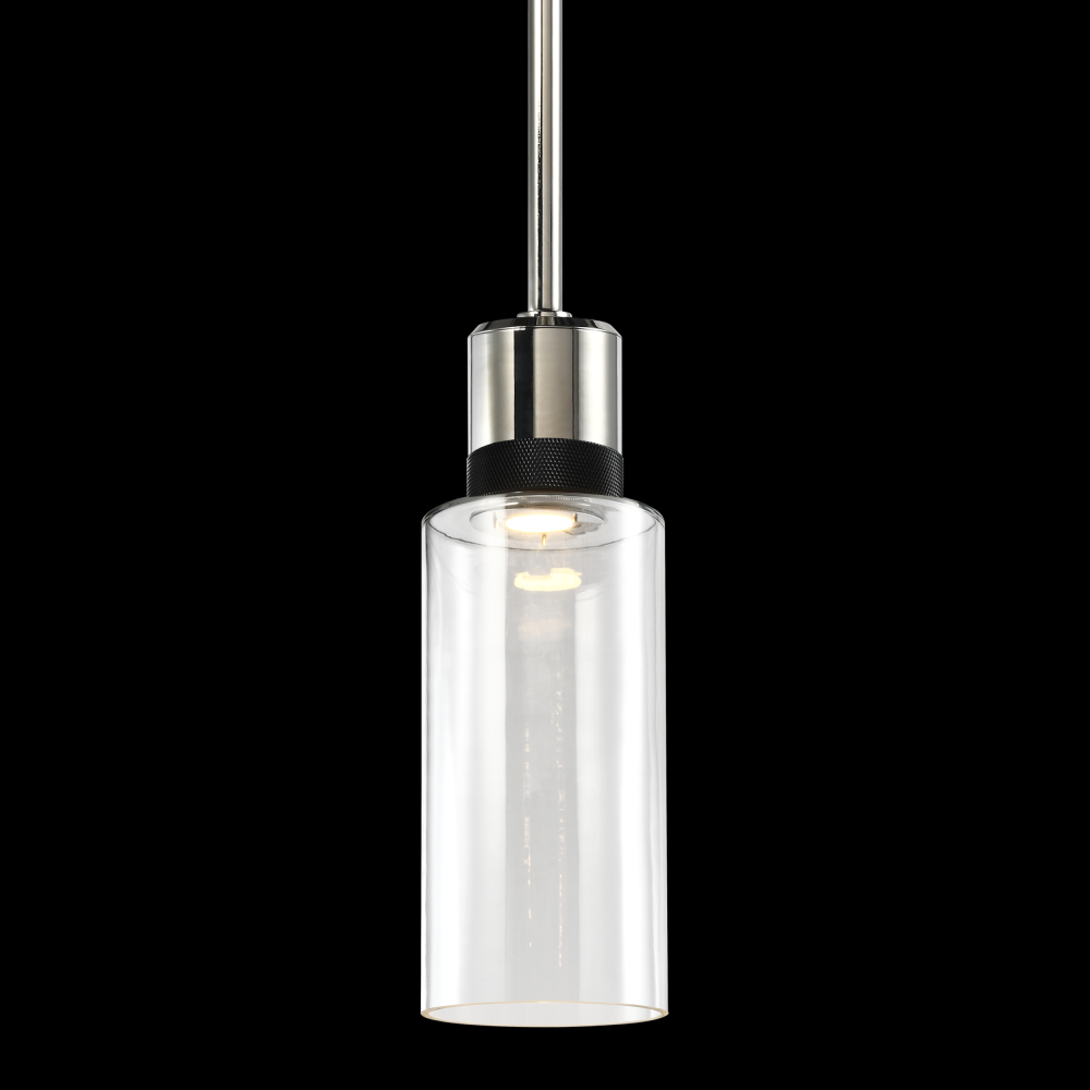 6&#34; LED 3CCT Cylindrical Drum Pendant Light, 12&#34; Clear Glass and Polished Nickel with Black M