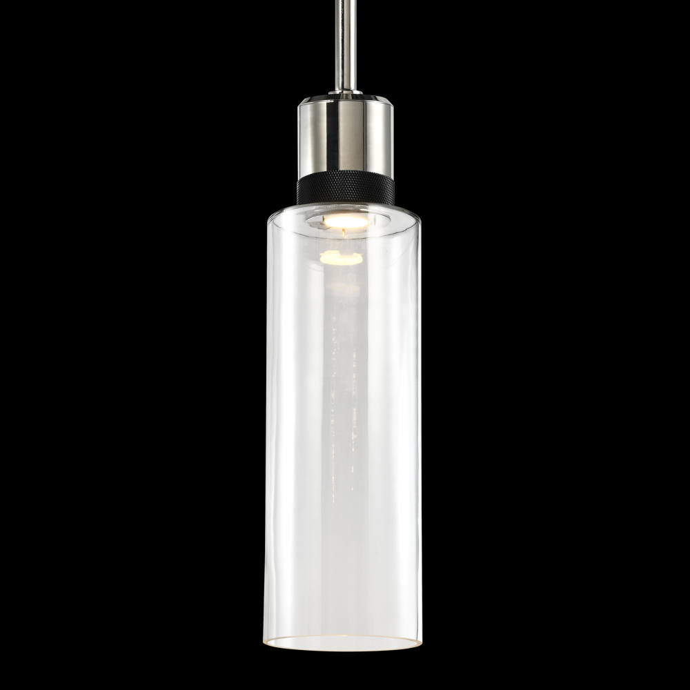 6&#34; LED 3CCT Cylindrical Drum Pendant Light, 18&#34; Clear Glass and Polished Nickel with Black M