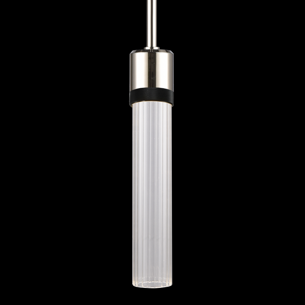 3&#34; LED 3CCT Cylindrical Pendant Light, 12&#34; Fluted Glass and Polished Nickel with Black Finis