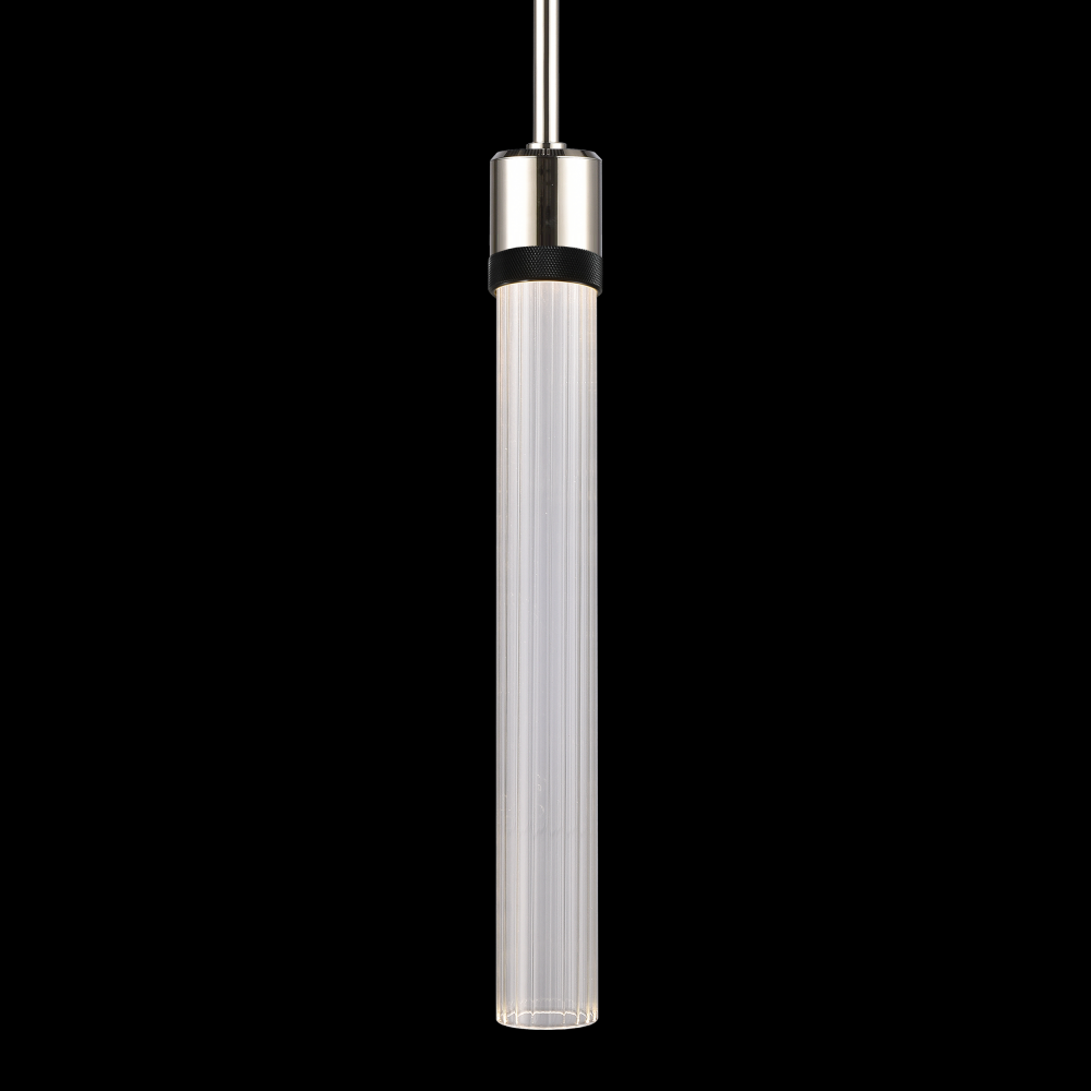 3&#34; LED 3CCT Cylindrical Pendant Light, 18&#34; Fluted Glass and Polished Nickel with Black Finis