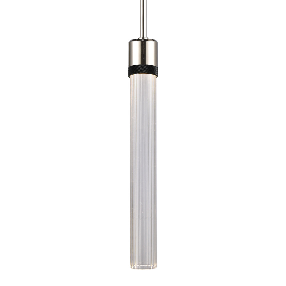 3&#34; LED 3CCT Cylindrical Pendant Light, 18&#34; Fluted Glass and Polished Nickel with Black Finis