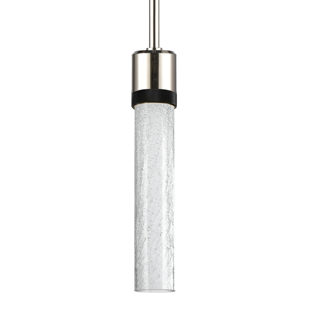 3&#34; LED 3CCT Cylindrical Pendant Light, 12&#34; Crackled Glass and Polished Nickel with Black Fin