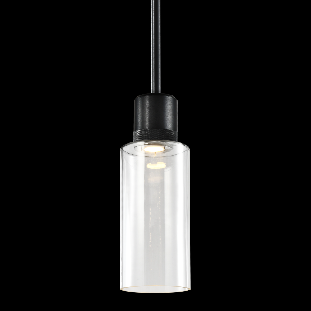 6&#34; LED 3CCT Cylindrical Drum Pendant Light, 12&#34; Clear Glass and Satin Brushed Black Metal Fi