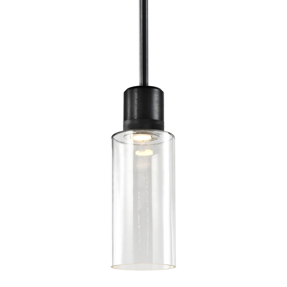 6&#34; LED 3CCT Cylindrical Drum Pendant Light, 12&#34; Clear Glass and Satin Brushed Black Metal Fi