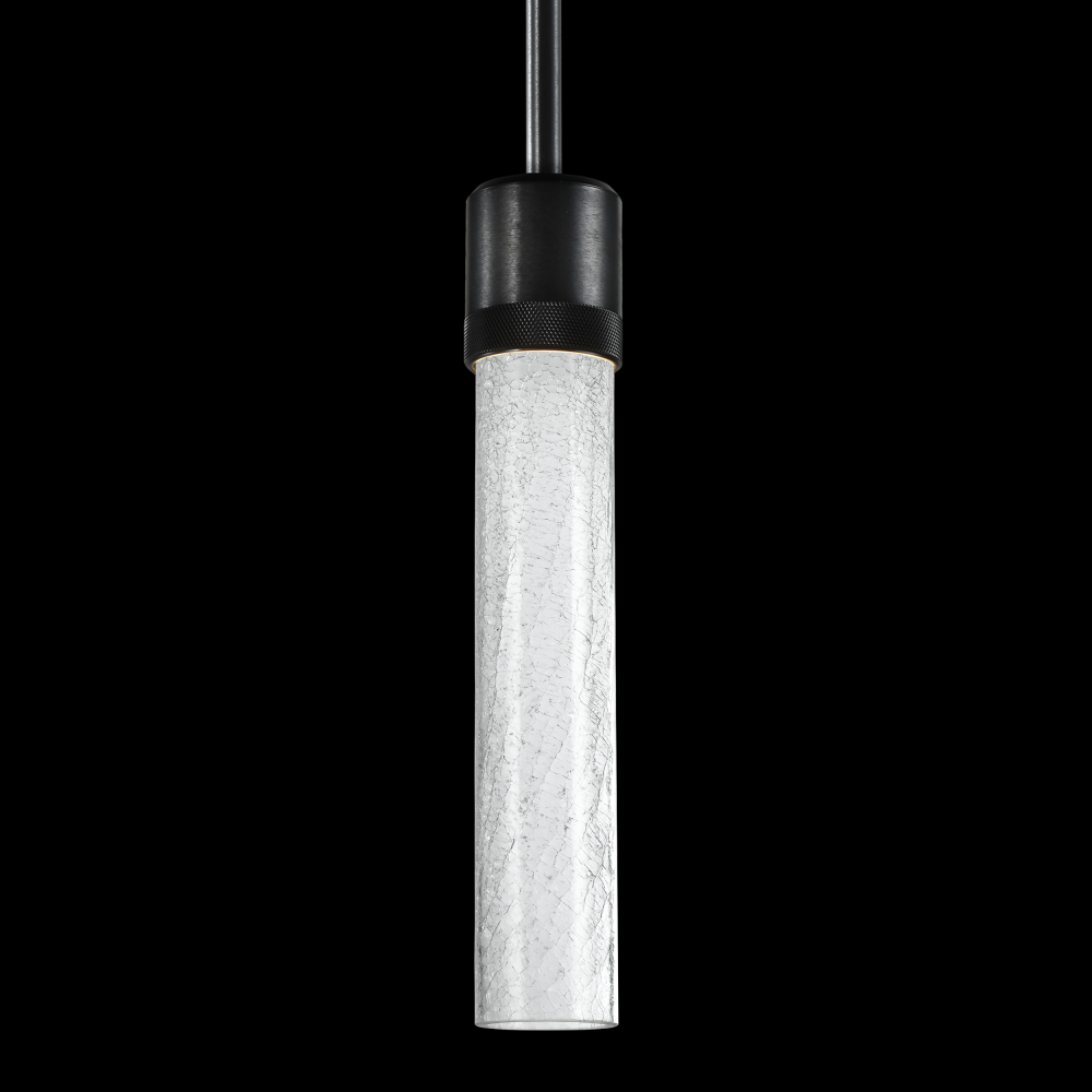 3&#34; LED 3CCT Cylindrical Pendant Light, 12&#34; Crackled Glass and Satin Brushed Black Finish