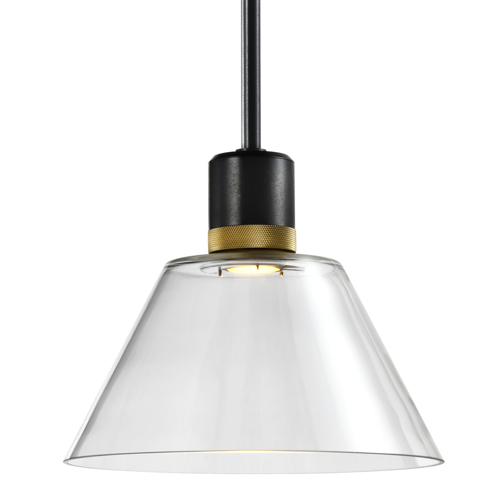 12&#34; LED 3CCT Clear Cone Glass Pendant Light and Satin Brushed Black with Brass Metal Finish