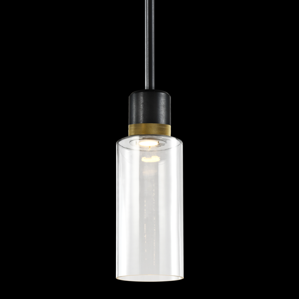 6&#34; LED 3CCT Cylindrical Drum Pendant Light, 12&#34; Clear Glass and Satin Brushed Black with Bra