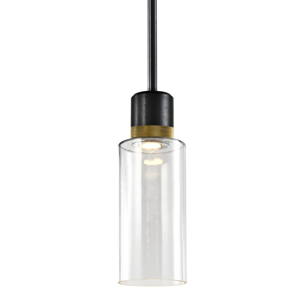 6&#34; LED 3CCT Cylindrical Drum Pendant Light, 12&#34; Clear Glass and Satin Brushed Black with Bra